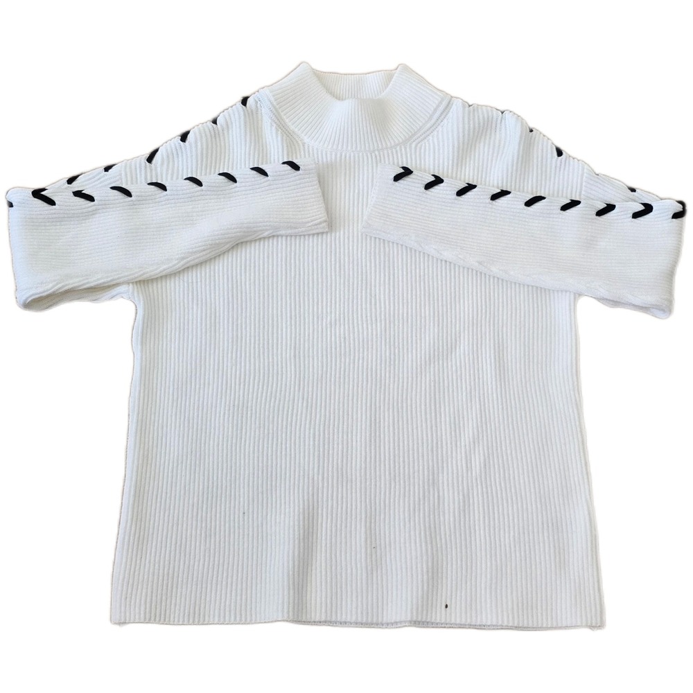 Tahari White Mock Neck Ribbed Sweater Black Stitch Detail Long Sleeve Women S